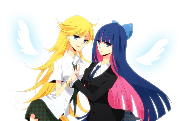 Anime picture 1200x800 with panty & stocking with garterbelt anarchy stocking anarchy panty long hair blue eyes blonde hair white background multiple girls blue hair multicolored hair two-tone hair holding hands colored inner hair girl bow 2 girls hair bow