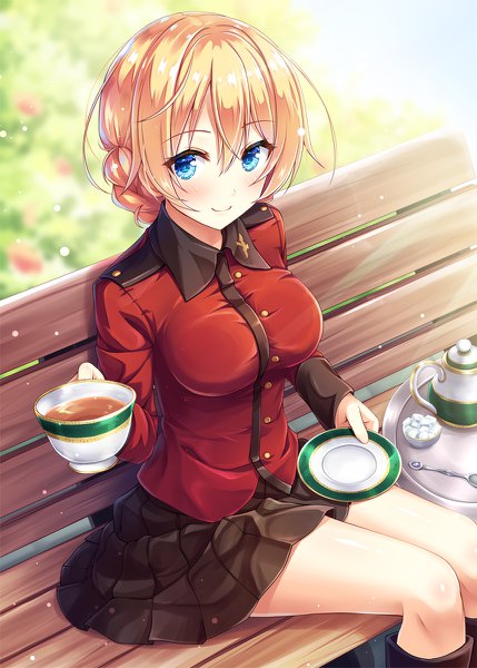 Anime picture 858x1200 with girls und panzer darjeeling (girls und panzer) akashio (loli ace) single tall image looking at viewer blush fringe short hair blue eyes blonde hair hair between eyes sitting outdoors braid (braids) pleated skirt light smile sunlight blurry outstretched hand