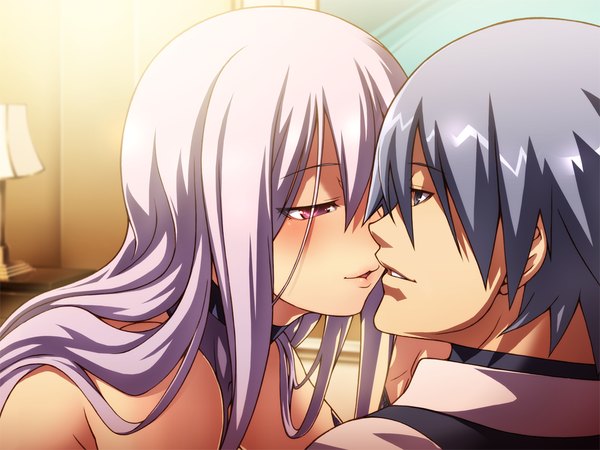 Anime picture 1024x768 with hotel (game) long hair blush short hair purple eyes game cg grey hair couple almost kiss girl boy