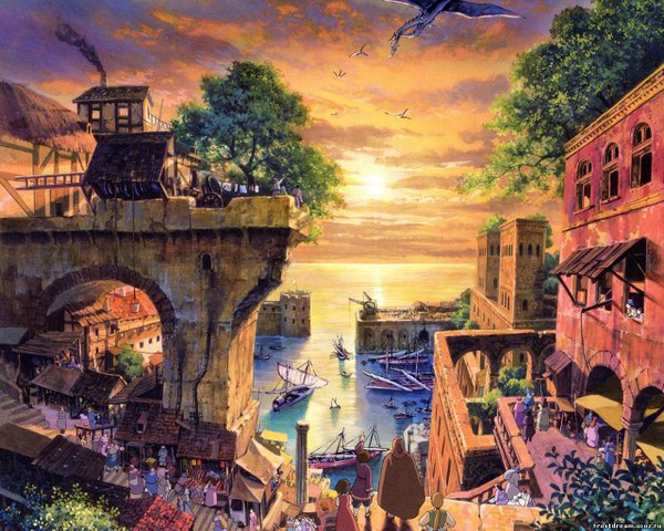 Anime picture 1280x1024 with tales of earthsea studio ghibli arren sky cloud (clouds) city evening sunset smoke landscape plant (plants) animal tree (trees) sea bird (birds) dragon watercraft people boat