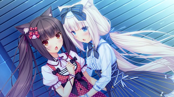 Anime picture 1280x720 with neko paradise neko works (studio) vanilla (nekopara) chocola (nekopara) sayori long hair looking at viewer blush fringe open mouth blue eyes black hair wide image standing twintails multiple girls brown eyes animal ears pink hair tail