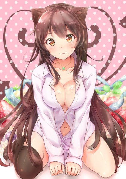 Anime picture 1860x2631 with original takeashiro single long hair tall image fringe highres breasts light erotic smile brown hair large breasts sitting brown eyes animal ears bent knee (knees) tail animal tail cat ears open clothes