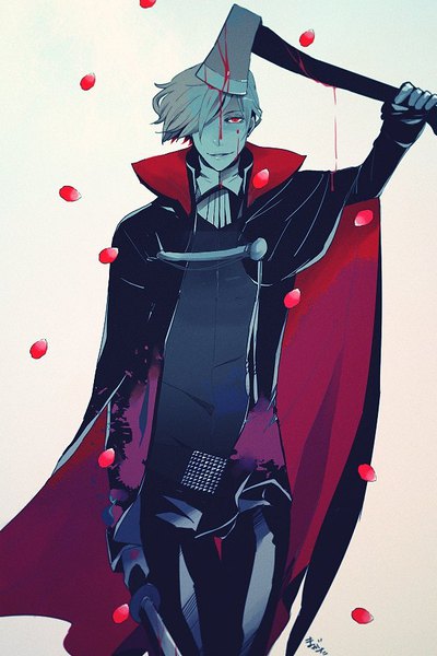 Anime picture 600x900 with original seto (magatan) magatan single tall image looking at viewer fringe short hair simple background red eyes standing signed grey hair hair over one eye blood on face boy weapon petals sword katana
