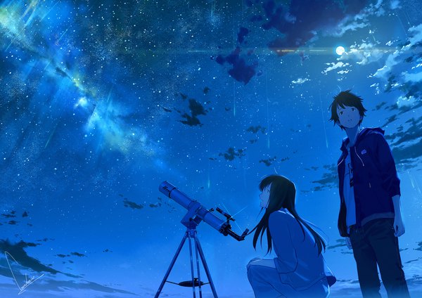 Anime picture 1736x1228 with kimi wa tsukiyo ni hikarikagayaku original watarase mamizu okada takuya loundraw long hair highres short hair black hair signed sky night night sky scenic surprised shooting star milky way meteor rain girl boy