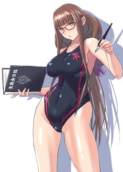 Anime picture 1160x1615 with aoki hagane no arpeggio hiei (aoki hagane no arpeggio) nenchi single long hair tall image looking at viewer fringe breasts light erotic brown hair large breasts standing bare shoulders yellow eyes head tilt fingernails bare legs shadow girl