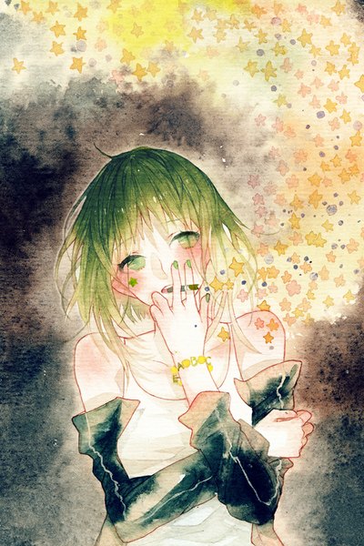 Anime picture 760x1140 with vocaloid gumi rei (pixiv4656825) single tall image blush short hair bare shoulders green eyes looking away nail polish green hair smoking traditional media watercolor (medium) green nail polish girl detached sleeves bracelet star (symbol)