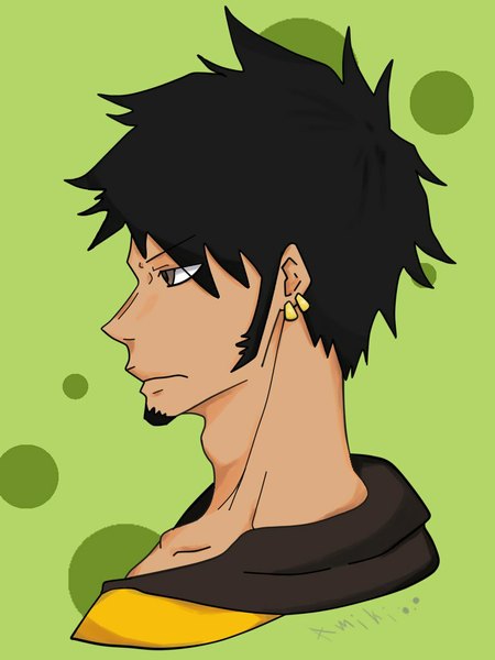 Anime picture 768x1024 with one piece toei animation trafalgar law amiki nii single tall image short hair black hair profile lips piercing no hat boy earrings hood beard