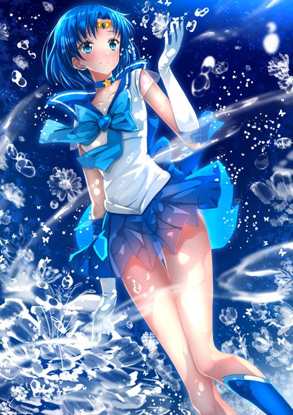 Anime picture 1102x1560 with bishoujo senshi sailor moon toei animation mizuno ami sailor mercury swordsouls single tall image blush short hair blue eyes blue hair light smile underwater girl gloves hair ornament white gloves bubble (bubbles) sailor suit