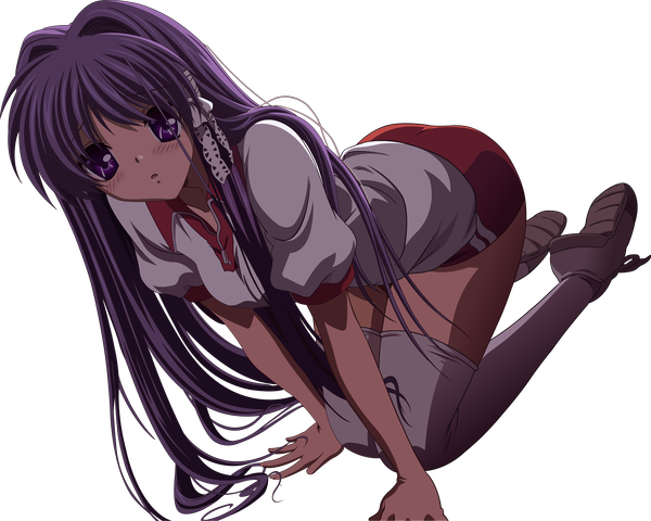 Anime picture 6781x5435 with clannad key (studio) fujibayashi kyou ergh3 single long hair blush highres open mouth purple eyes absurdres purple hair kneeling transparent background vector girl thighhighs uniform bow hair bow