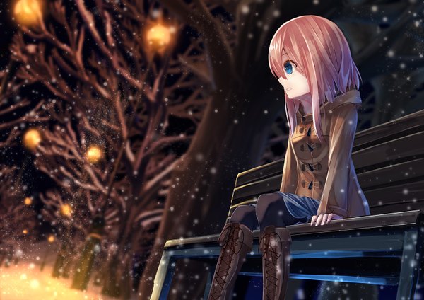 Anime picture 1500x1060 with original kagayan1096 single long hair fringe blue eyes sitting payot looking away pink hair parted lips profile night snowing winter lacing bare tree girl skirt plant (plants)