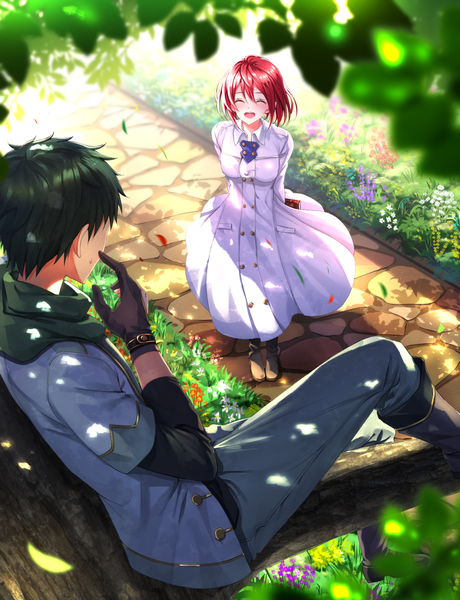 Anime picture 1102x1435 with akagami no shirayukihime studio bones shirayuki (akagami no shirayukihime) obi (akagami no shirayukihime) swordsouls tall image blush fringe short hair breasts open mouth standing sitting bent knee (knees) outdoors red hair green hair wind sunlight happy