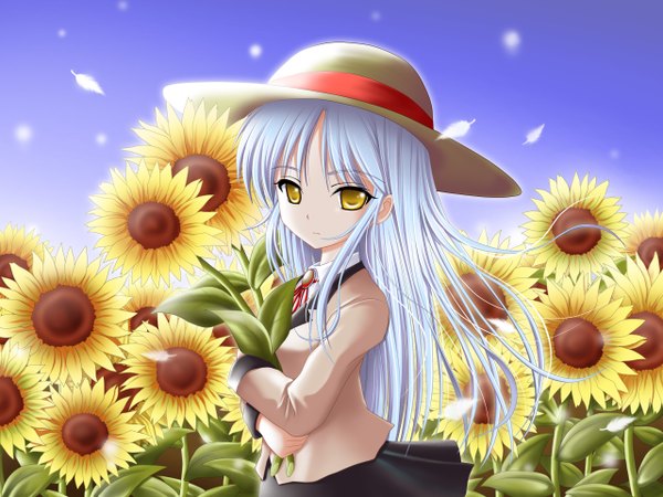 Anime picture 2560x1920 with angel beats! key (studio) tachibana kanade single long hair highres yellow eyes silver hair girl uniform school uniform hat sunflower