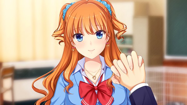 Anime picture 1280x720 with gin'iro haruka aoi hinata (gin'iro haruka) long hair looking at viewer blush blue eyes smile wide image game cg orange hair two side up holding hands girl uniform school uniform earrings