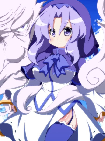 Anime picture 1200x1600 with touhou kumoi ichirin unzan oborotsuki kakeru single tall image short hair smile purple eyes purple hair girl thighhighs dress