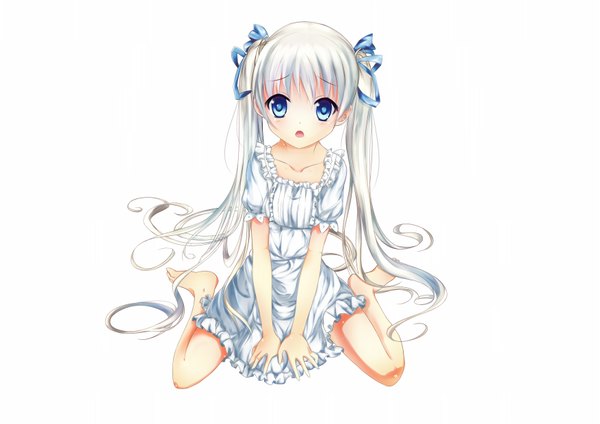 Anime picture 1753x1240 with original hizo (hizoo) single long hair highres open mouth blue eyes simple background white background sitting twintails white hair loli wariza girl sundress