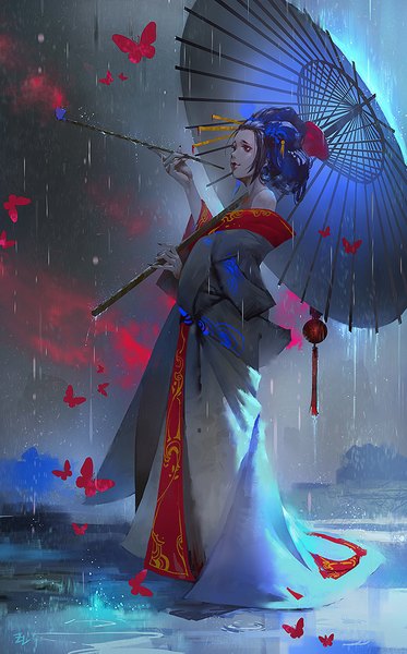 Anime picture 672x1080 with original zudarts lee single long hair tall image black hair smile standing bare shoulders holding signed blue hair looking away cloud (clouds) long sleeves nail polish traditional clothes japanese clothes profile multicolored hair