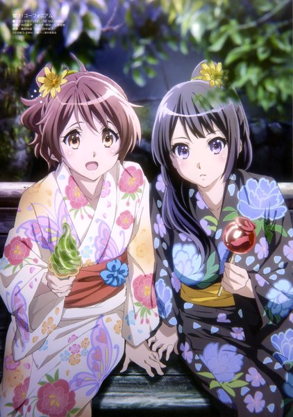 Anime picture 2871x4080 with hibike! euphonium kyoto animation kousaka reina oumae kumiko long hair tall image highres open mouth black hair brown hair purple eyes multiple girls brown eyes traditional clothes japanese clothes hair flower girl flower (flowers) 2 girls food