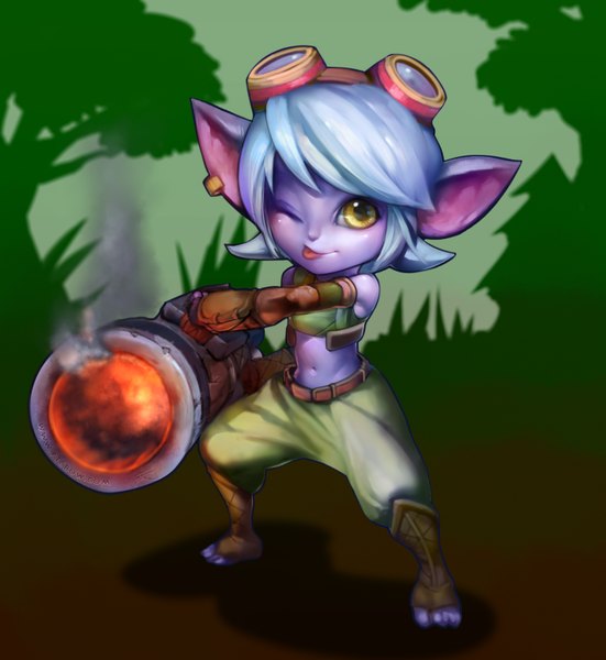 Anime picture 1488x1620 with league of legends tristana (league of legends) phantom (ptcrow) single tall image short hair smile yellow eyes silver hair one eye closed pointy ears wink bare belly purple skin girl navel weapon glasses tongue gun