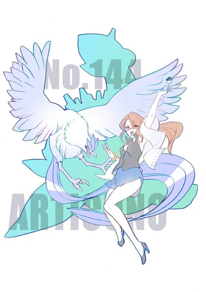 Anime picture 707x1000 with pokemon nintendo lapras articuno kanna (pokemon) sora tokumo long hair tall image looking at viewer open mouth simple background red eyes brown hair white background ponytail character names fighting stance gen 1 pokemon pokemon number girl