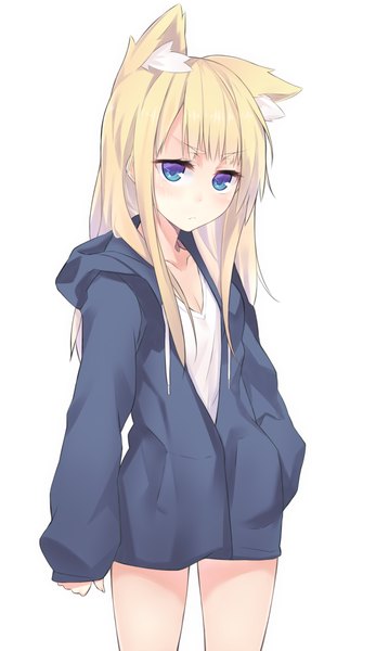 Anime picture 579x1000 with original ray-akila single long hair tall image looking at viewer blush blue eyes simple background blonde hair white background animal ears girl jacket