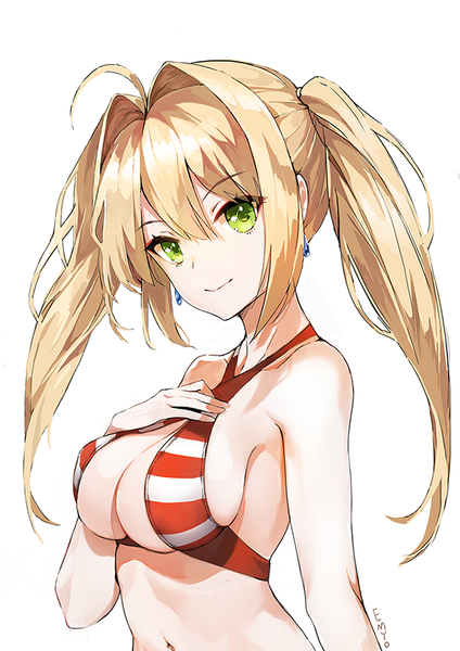 Anime picture 650x920 with fate (series) fate/grand order nero claudius (fate) (all) nero claudius (swimsuit caster) (fate) emyo single long hair tall image looking at viewer fringe breasts light erotic blonde hair simple background hair between eyes large breasts white background twintails green eyes signed