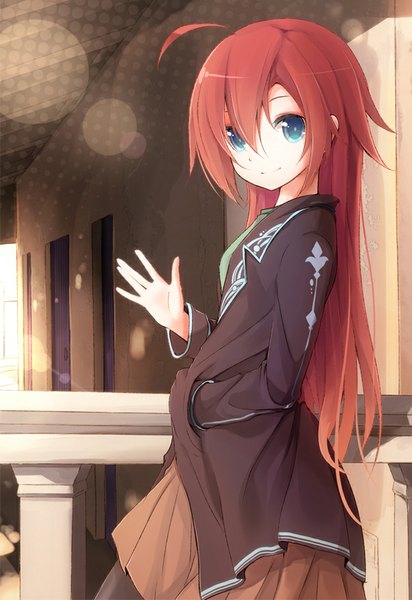 Anime picture 603x878 with original yonema single long hair tall image looking at viewer fringe blue eyes smile standing red hair indoors pleated skirt sunlight hand in pocket sunbeam girl skirt pantyhose window