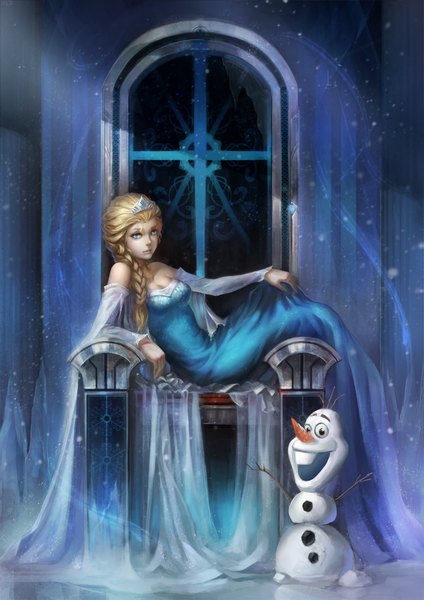 Anime picture 1263x1787 with frozen (disney) disney elsa (frozen) olaf (frozen) wuguiex long hair tall image looking at viewer open mouth blue eyes blonde hair sitting indoors braid (braids) teeth snowing girl dress detached sleeves window