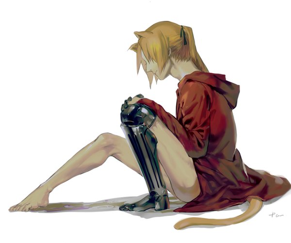 Anime picture 1500x1254 with fullmetal alchemist studio bones edward elric par single long hair simple background blonde hair white background sitting signed animal ears ponytail tail profile barefoot cat ears shadow cat tail hands clasped