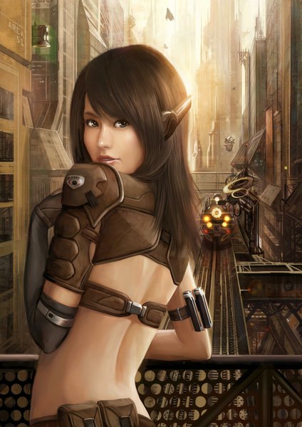 Anime picture 1500x2122 with original feigiap single long hair tall image brown hair brown eyes looking back from behind realistic city girl building (buildings) aircraft train airship