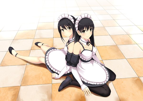 Anime picture 1500x1063 with original cocona (coconacafe) long hair looking at viewer blush black hair bare shoulders multiple girls brown eyes light smile maid checkered floor girl 2 girls detached sleeves headdress maid headdress