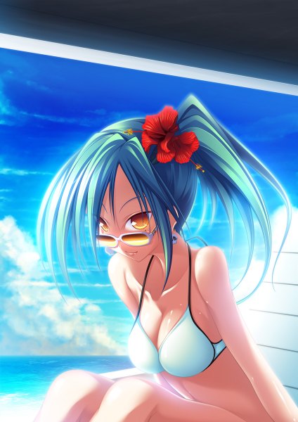 Anime picture 848x1200 with maikaze no melt enomoto yoshika bon (pixiv) single long hair tall image fringe breasts light erotic smile large breasts yellow eyes sky cloud (clouds) hair flower aqua hair mole mole under eye side ponytail girl