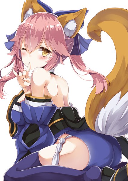Anime picture 600x849 with fate (series) fate/extra tamamo (fate) (all) tamamo no mae (fate) yuzu-aki single long hair tall image looking at viewer blush fringe breasts light erotic simple background hair between eyes large breasts white background sitting bare shoulders brown eyes