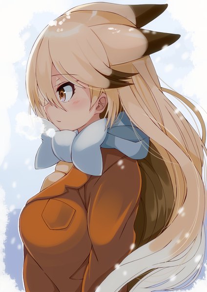 Anime picture 848x1200 with kemono friends ezo red fox (kemono friends) hidaka0503 single long hair tall image looking at viewer blush fringe breasts simple background blonde hair brown eyes animal ears upper body tail parted lips animal tail profile multicolored hair
