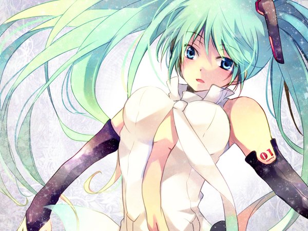 Anime picture 1600x1200 with vocaloid vocaloid append hatsune miku hatsune miku (append) kokonoe miya single looking at viewer blue eyes very long hair parted lips green hair no bra girl