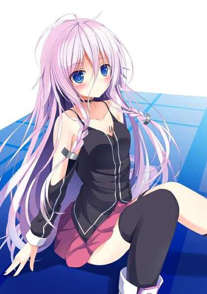 Anime picture 595x842 with vocaloid ia (vocaloid) kurenai rimu single long hair tall image looking at viewer blush blue eyes sitting twintails bare shoulders pink hair ahoge bent knee (knees) white hair pleated skirt girl thighhighs skirt