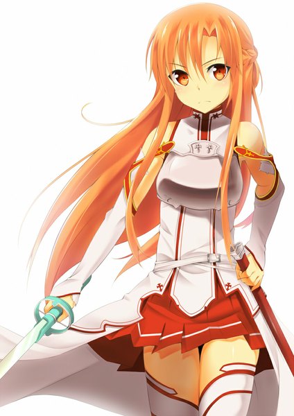 Anime picture 800x1131 with sword art online a-1 pictures yuuki asuna kinta (distortion) single long hair tall image looking at viewer simple background white background bare shoulders orange hair orange eyes girl skirt weapon detached sleeves sword