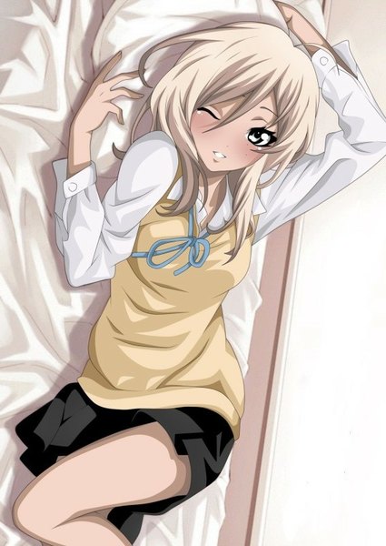 Anime picture 567x800 with k-on! kyoto animation tachibana himeko tagme (artist) single long hair tall image looking at viewer blush fringe blonde hair smile looking away indoors lying pleated skirt one eye closed grey eyes dark skin on side
