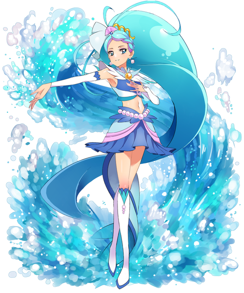 Anime picture 833x1000 with precure go! princess precure toei animation kaidou minami cure mermaid naokado single tall image blue eyes blue hair looking away ponytail very long hair light smile outstretched arm girl skirt navel detached sleeves earrings