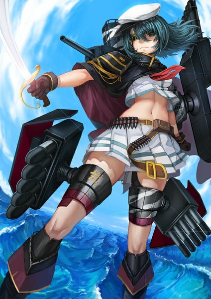 Anime picture 570x806 with kantai collection kiso light cruiser sturmjager single tall image looking at viewer short hair blue eyes blue hair girl skirt navel weapon miniskirt sword gun eyepatch sailor suit peaked cap
