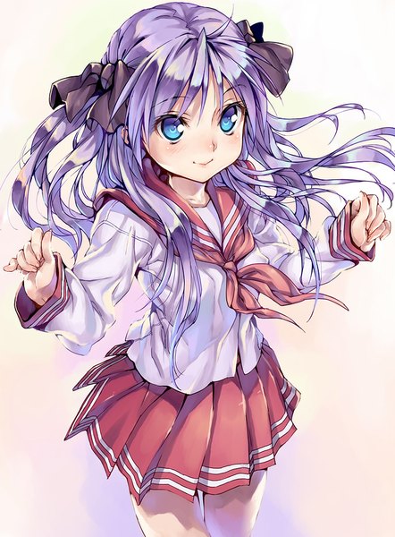 Anime picture 737x1000 with lucky star kyoto animation hiiragi kagami kink single long hair tall image looking at viewer blush blue eyes smile purple hair from above spread arms girl uniform ribbon (ribbons) hair ribbon serafuku