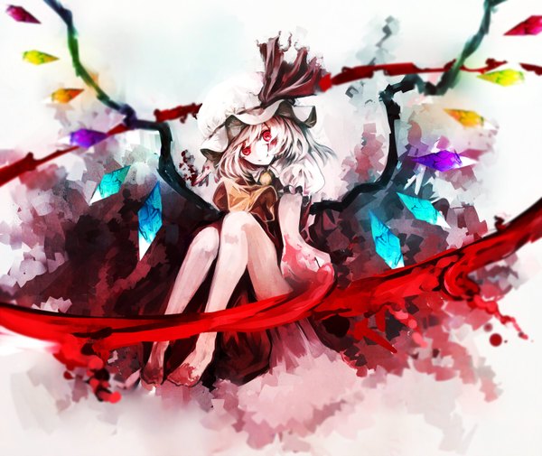 Anime picture 1500x1263 with touhou flandre scarlet chiruru96 single looking at viewer short hair blonde hair smile red eyes sitting legs outstretched arm girl wings blood bonnet crystal scratch