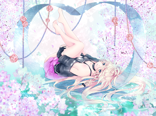 Anime picture 1200x899 with vocaloid ia (vocaloid) kyashii (a3yu9mi) single long hair looking at viewer blue eyes smile bare shoulders white hair lying braid (braids) pleated skirt cherry blossoms leg lift (legs lift) transparent girl skirt gloves flower (flowers)