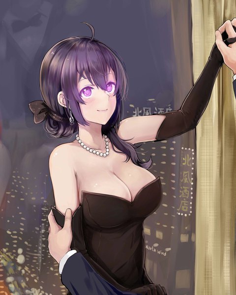 Anime picture 1638x2048 with original miyaura sanshio beifeng han long hair tall image blush fringe breasts light erotic smile hair between eyes large breasts purple eyes bare shoulders looking away ahoge indoors sleeveless reflection looking up