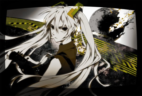 Anime picture 1205x817 with vocaloid hatsune miku kazune (baumkuchen) single twintails white hair very long hair black eyes destruction girl guitar planet