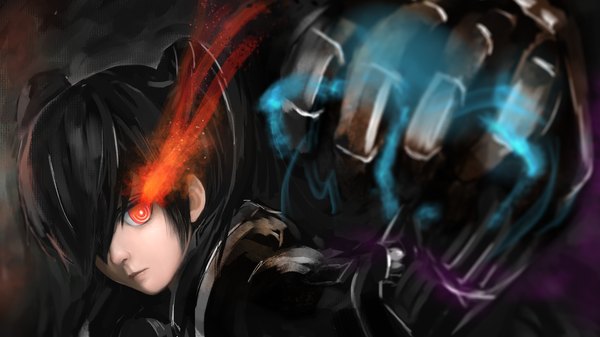 Anime picture 1920x1080 with black rock shooter insane black rock shooter aki99 single long hair fringe highres black hair red eyes wide image twintails hair over one eye outstretched arm turning head glowing dark background glowing eye (eyes) pale skin girl fist