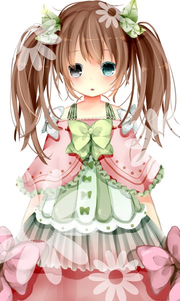 Anime picture 1000x1666 with original nachi single long hair tall image looking at viewer blush brown hair white background twintails heterochromia girl dress bow
