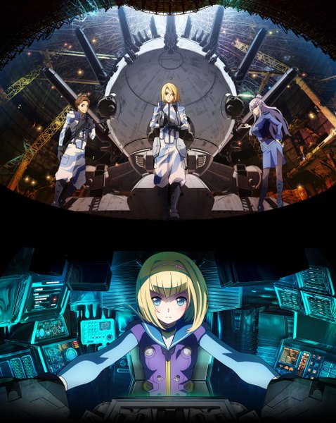 Anime picture 1920x2410 with heavy object j.c. staff milinda brantini frolaytia capistrano qwenthur barbotage havia winchell long hair tall image looking at viewer blush fringe highres short hair blue eyes blonde hair smile brown hair sitting purple eyes multiple girls