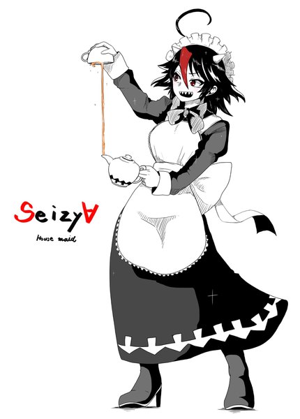 Anime picture 1559x2176 with touhou kijin seija himajin no izu single tall image fringe short hair open mouth black hair simple background hair between eyes red eyes standing white background holding looking away full body ahoge red hair long sleeves