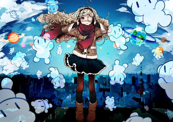 Anime picture 1400x990 with original noricopo (nori0w0) single long hair looking at viewer blush fringe blonde hair standing sky cloud (clouds) full body ahoge pleated skirt wind grey eyes fur trim city wavy hair cityscape