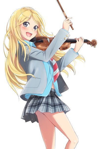 Anime picture 800x1200 with shigatsu wa kimi no uso a-1 pictures miyazono kaori kimagure blue single long hair tall image looking at viewer blush open mouth simple background blonde hair white background pleated skirt bare legs grey eyes plaid skirt girl skirt shirt